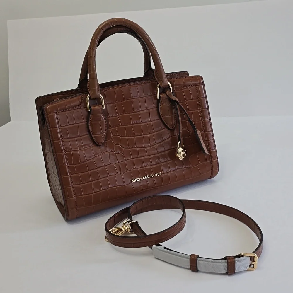 New Michael Kors Zoe Croc Embossed Leather Satchel Handbag Crosdbody Brown